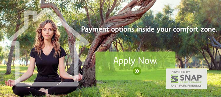 a banner for Snap home financing featuring a woman sitting in a park. Payment options inside your comfort zone. Apply now.